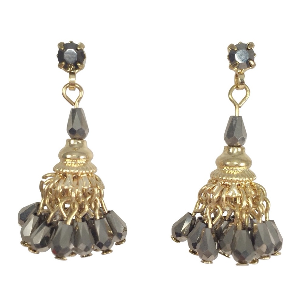 Hematite Grey Glass Beaded Indian Style Gold Tone Drop Post Earrings